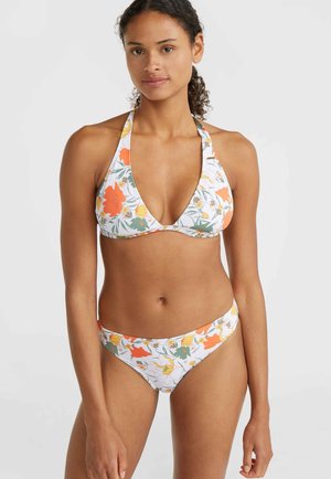 Cvetni bikini set z vrvico okoli vratu in V-izrezom ter ujemajočim dvodelnim dnom. Barve vključujejo belo, oranžno, zeleno in rumeno.