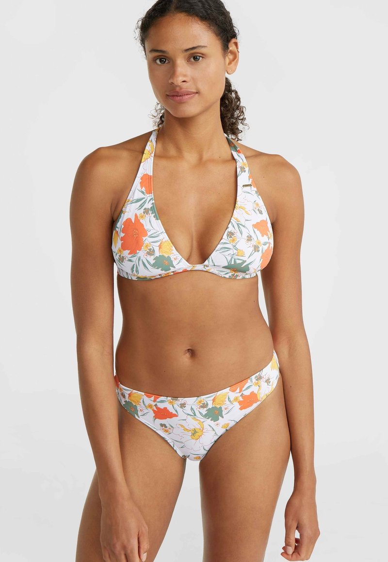 Floral bikini set featuring a halter neck top with a V-neckline and matching two-piece bottom. Colors include white, orange, green, and yellow.
