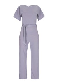 Lichtpaars jumpsuit met korte mouwen, een ronde halslijn, een ceintuur in de taille en brede broekspijpen. Gemaakt van soepele stof zonder patronen.