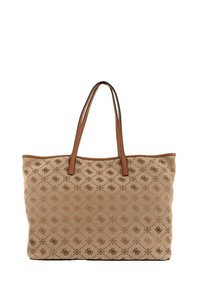 Beige tote bag med brunt mønstrede logo, flad form, to brune læderhåndtag og et rent design uden yderligere udsmykninger.