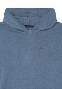 Modré mikina s kapucí vyrobená z měkkého materiálu. Obsahuje žebrovaný výstřih a malé hnědé logo vyšité v oblasti hrudníku.