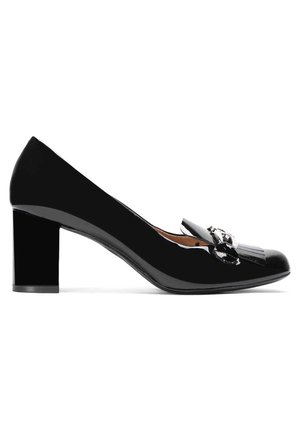 Czarne lakierowane szpilki z zaokrąglonym noskiem, płaską kokardą i masywną obcasem. Gładka faktura z błyszczącym wykończeniem.