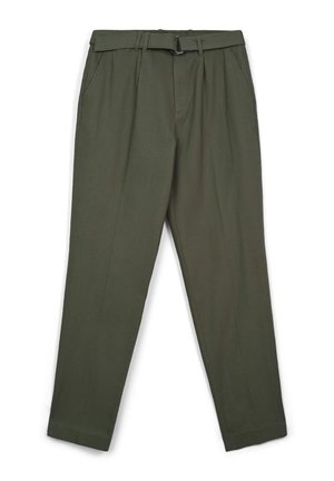 Green tailored trousers made of lightweight fabric, featuring a straight leg design, belt loops, and a flat front with side pockets.