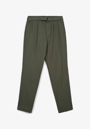Green tailored trousers made of lightweight fabric, featuring a straight leg design, belt loops, and a flat front with side pockets.