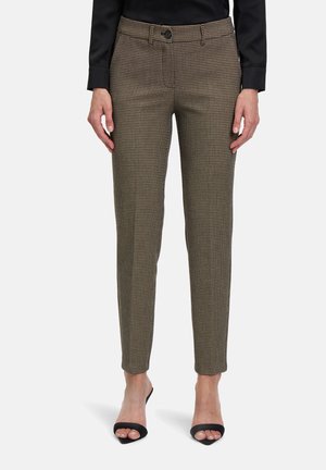 Tailored trousers in a brown houndstooth pattern with a slim fit, featuring a button closure and side pockets. Smooth fabric texture.