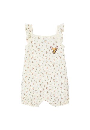Cream baby romper with small pink floral print, ruffled shoulder straps, and a cartoon deer face on the chest.