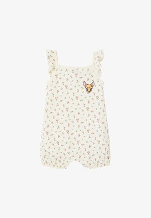 Cream baby romper with small pink floral print, ruffled shoulder straps, and a cartoon deer face on the chest.