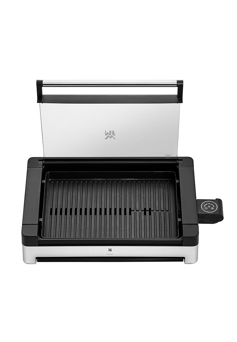 Elektrischer Innengrill mit geriffelter Kochfläche, transparentem Deckel und digitalem Temperaturregler an der Seite.