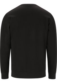 Svart crewneck sweatshirt i mjukt tyg, med långa ärmar, enkel design och ribbade mudd och nederkant. Inga synliga logotyper eller mönster.