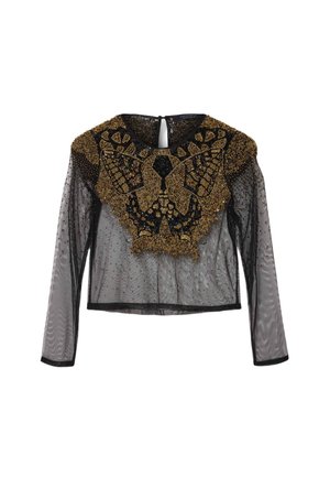 Schwarzes, geschnittenes Mesh-Oberteil mit langen Ärmeln, das mit einem goldenen, mit Perlen besetzten Schmetterlingsdesign und strukturierten Akzenten entlang des Ausschnitts und des Saums versehen ist.