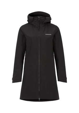 Czarny wodoodporny długi płaszcz przeciwdeszczowy z kapturem, zamkiem z przodu i logo Didriksons na piersi, zaprojektowany do ochrony na zewnątrz.