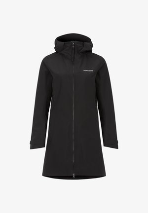 Schwarzer wasserdichter langer Regenmantel mit Kapuze, Frontreißverschluss und Didriksons-Logo auf der Brust, entworfen für den Wetterschutz im Freien.