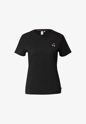 Czarny t-shirt z okrągłym dekoltem i krótkimi rękawami. Na lewej stronie klatki piersiowej znajduje się mały biały motyw wiśni. Wykonany z gładkiej tkaniny.