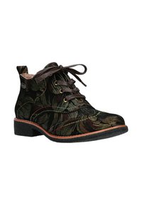 Bottines à lacets en daim noir avec des motifs de feuilles colorées. Elles présentent une semelle texturée, un nez arrondi et des coutures décoratives.