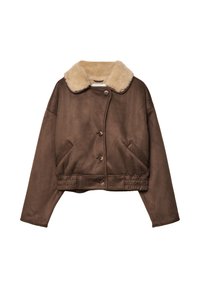 Giacca in finta pelle marrone con colletto in finta pelliccia crema, design corto, chiusura a bottoni e tasche laterali con vita arricciata.