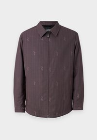 Dark purple zip-up jacket with vertical stripes and subtle embossed logo accents. Features a classic collar and long sleeves.