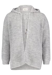 Ljust grått stickat kardigan med huva, öppen framsida, långa ärmar och dragskoaccentuerade detaljer. Texturerad tyg med ribbade sidor och fållar.