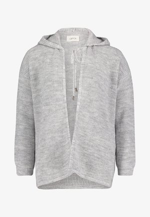 Hellgraue Strickjacke mit Kapuze, offener Vorderseite, langen Ärmeln und Kordelzugakzenten. Strukturierter Stoff mit gerippten Seiten und Säumen.