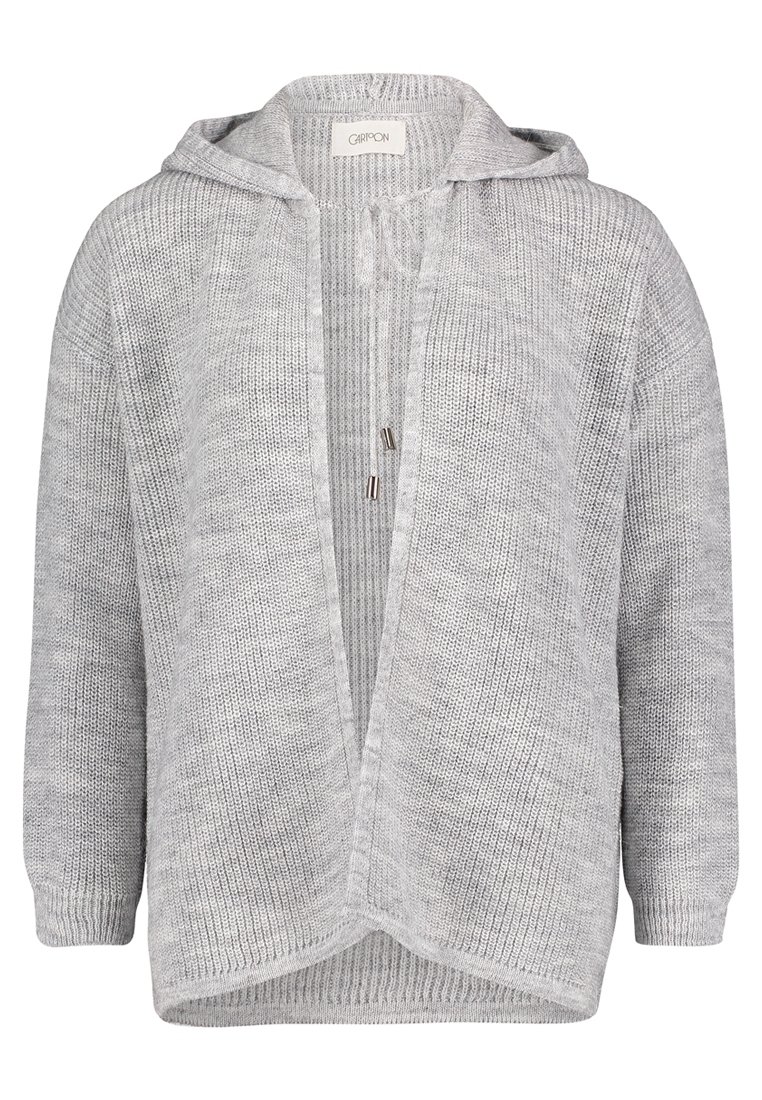Ljust grått stickat kardigan med huva, öppen framsida, långa ärmar och dragskoaccentuerade detaljer. Texturerad tyg med ribbade sidor och fållar.
