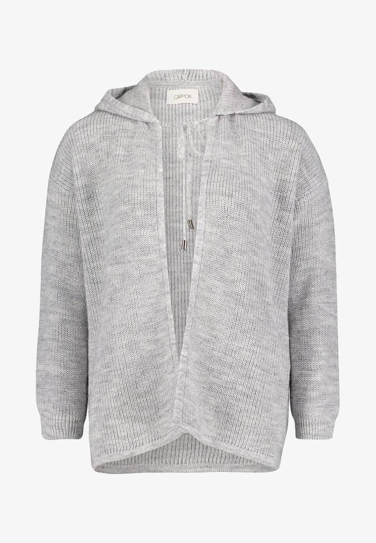 Ljust grått stickat kardigan med huva, öppen framsida, långa ärmar och dragskoaccentuerade detaljer. Texturerad tyg med ribbade sidor och fållar.