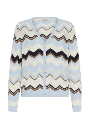 Light blue cardigan featuring a chevron pattern in cream, brown, and black, with a V-neck, button closure, and ribbed cuffs.