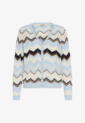 Light blue cardigan featuring a chevron pattern in cream, brown, and black, with a V-neck, button closure, and ribbed cuffs.