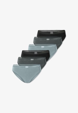 Zestaw sześciu damskich majtek z bawełny, w różnych odcieniach czerni, szarości i jasnoniebieskiego, ozdobionych koronką na pasku.