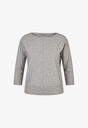 Graues Strickoberteil mit dreiviertellangen Ärmeln, rundem Ausschnitt, strukturierter Oberfläche und geradem Schnitt. Eine Naht verläuft vertikal in der Mitte.