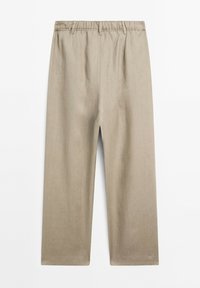 Pantalon beige droit avec taille élastique et passants de ceinture, fabriqué en tissu léger, présenté à plat sur fond blanc.