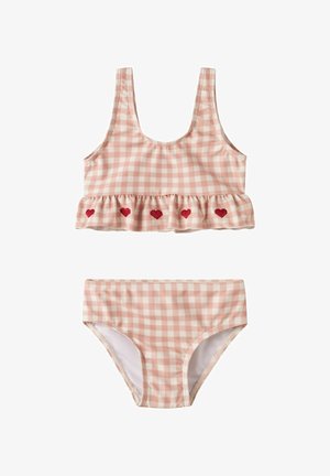 Costum de baie din două piese, în carouri roz și alb, cu top volanat decorat cu cinci inimioare mici roșii de-a lungul tivului.