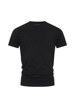 Black short-sleeve crew neck t-shirt with chest pocket featuring a small button detail, shown on a white background.