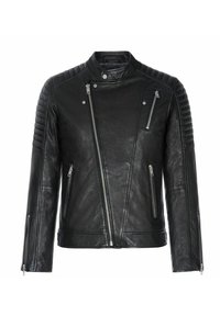 Czarna skórzana kurtka motocyklowa z pikowanymi wstawkami na ramionach, asymetrycznym przednim zamkiem błyskawicznym i wieloma kieszeniami na zamki. Gładka faktura.