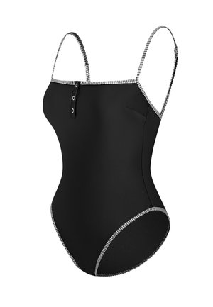 Bañador negro de una sola pieza con tirantes ajustables, con cierre de botones en el frente, ribete a cuadros blancos y textura suave. Incluye un bolsillo lateral.
