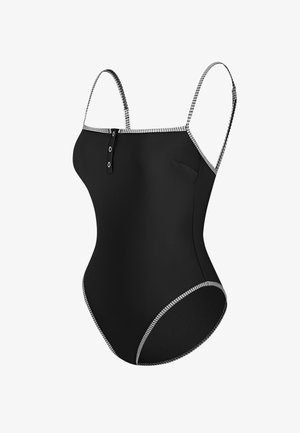 Zwart eendelig badpak met verstelbare bandjes, voorzien van een voorzijde met knopen, witte geruite bies en een gladde textuur. Heeft een zijzak.