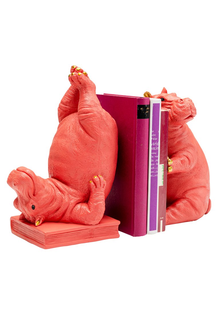 Zwei korallenfarbene Nilpferd-Buchstützen, die Bücher aufrecht halten, eines liegt auf dem Rücken mit hochgehobenen Beinen, das andere sitzt aufrecht.