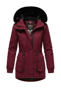 Maroon parka jacket with a black faux fur-lined hood, adjustable drawstring waist, and multiple zippered pockets. Smooth exterior texture.