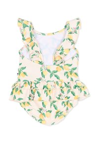 Kwiatowy jednoczęściowy strój kąpielowy z nadrukiem cytryn, falbankowymi ramiączkami i warstwową falbaną w talii, wykonany z elastycznego materiału w jasnym kolorze.
