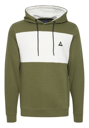 Olive green hoodie with white horizontal stripe, textured fabric, front pocket, adjustable drawstring hood, and small black logo on chest.