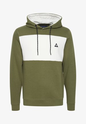 Olive green hoodie with white horizontal stripe, textured fabric, front pocket, adjustable drawstring hood, and small black logo on chest.