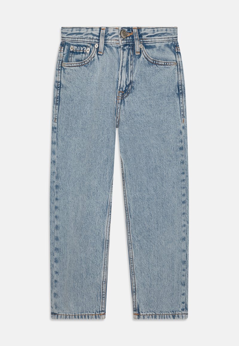 Ljust blå denimjeans med rak ben veck, som har fem fickor, en knapp- och dragkedjestängning samt en blekt textur.