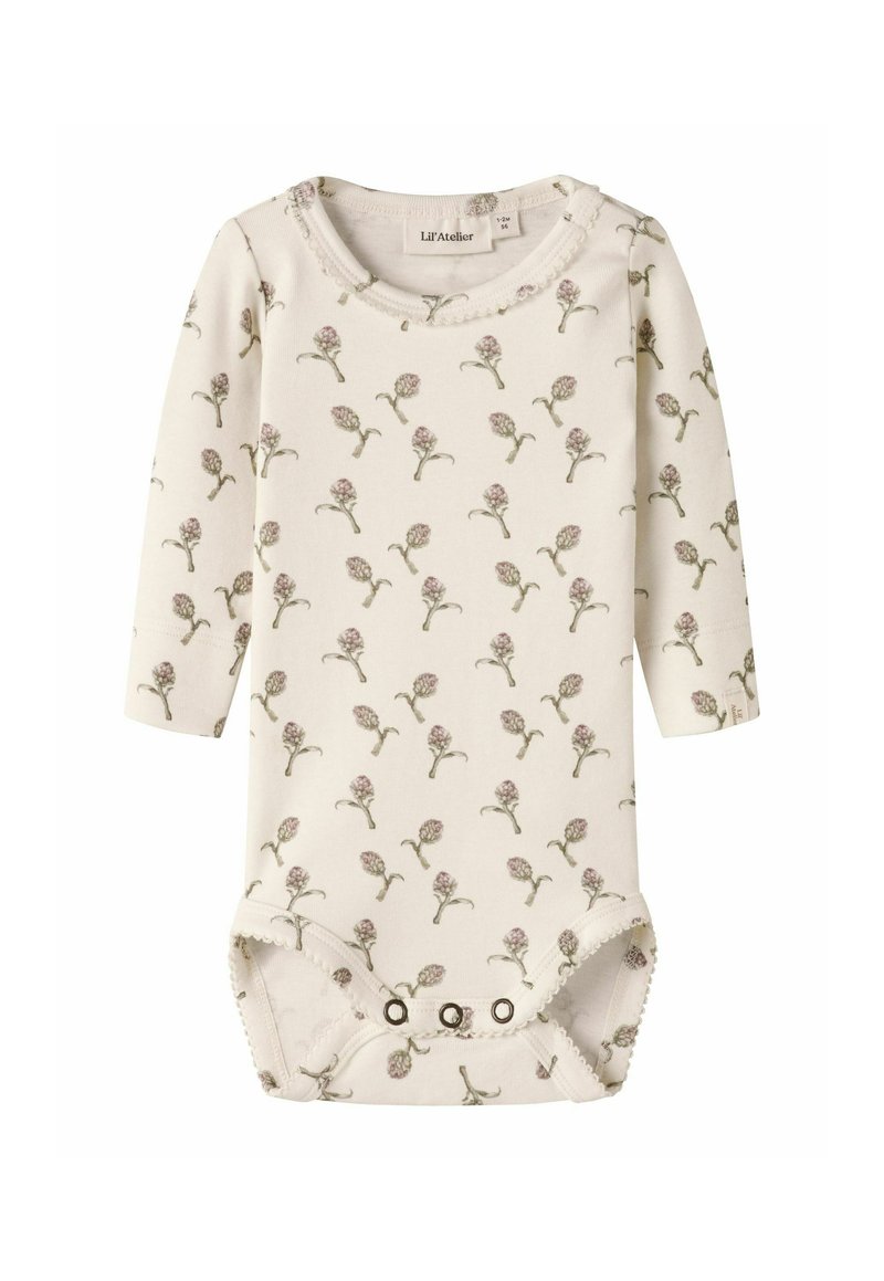 Body bébé à manches longues crème avec petit motif floral violet et pressions à l’entrejambe.