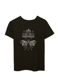 Sort bomulds T-shirt med et grafisk design, der viser en bi og en udsmykket krone i sølvmetallic detalje, korte ærmer og rund halsudskæring.