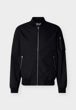Veste bomber noire avec fermeture éclair avant, poches latérales zippées, poche zippée sur la manche, poignets et col côtelés, présentée sur un fond uni.