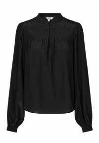 Svart långärmad blus med hög krage, rynkade detaljer vid bröstet och manschettärmar, tillverkad av ett slätt, lätt material.