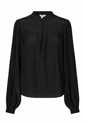 Schwarze Bluse mit langen Ärmeln aus glattem Stoff, ausgestattet mit rundem Kragen, Knopfverschluss und gerafften Details an der Brust.