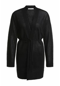 Cardigan nero a maniche lunghe con apertura frontale, con lacci in vita, due tasche frontali, realizzato in un materiale leggero e trasparente.
