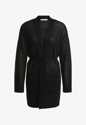 Czarny, długi kardigan z długim rękawem, z otwartym przodem, wiązany w talii, z dwoma przednimi kieszeniami, wykonany z lekkiego, przezroczystego dzianiny.