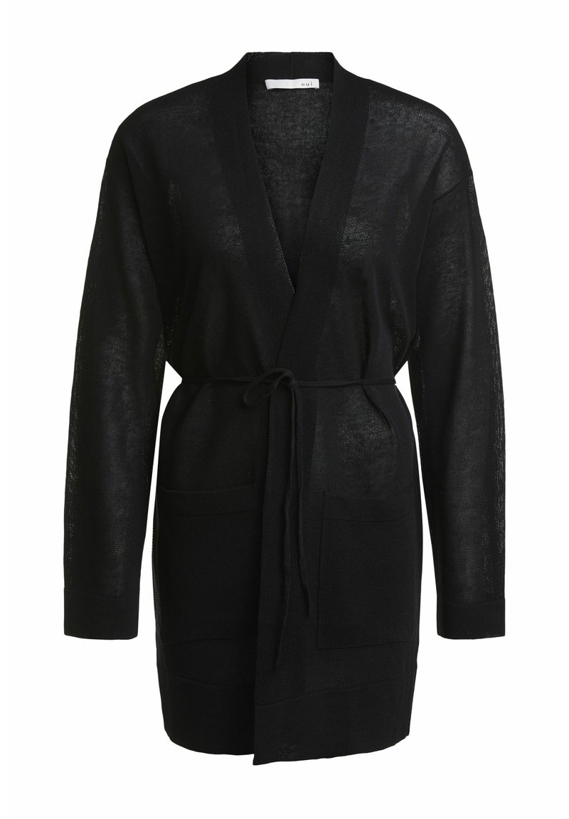 Cardigan nero a maniche lunghe con apertura frontale, con lacci in vita, due tasche frontali, realizzato in un materiale leggero e trasparente.