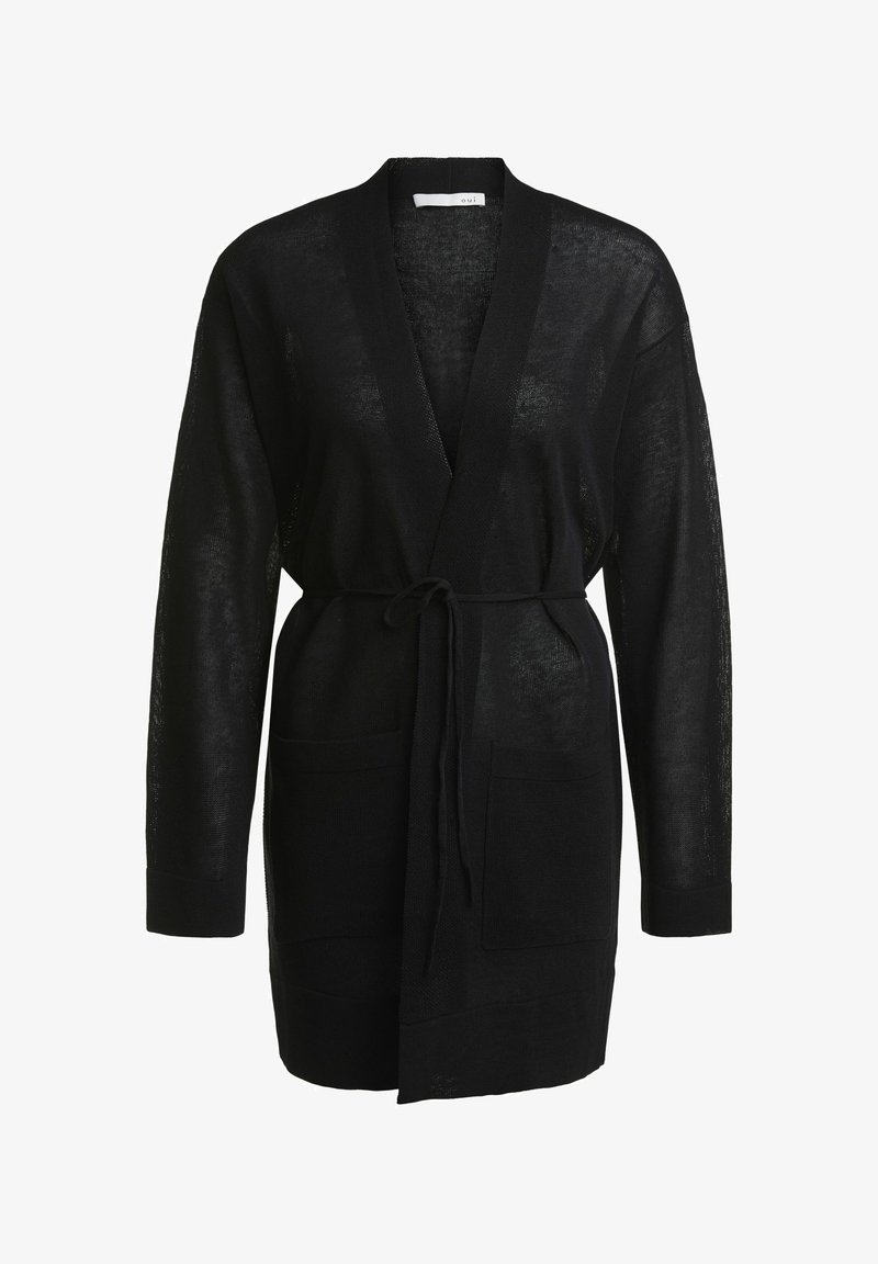 Cardigan nero a maniche lunghe con apertura frontale, con lacci in vita, due tasche frontali, realizzato in un materiale leggero e trasparente.