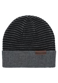 Czapka dzianinowa w paski w kolorze czarnym i szarym, z prążkowanym mankietem oraz brązową skórzaną łatą z logo "Lancerto" po boku.